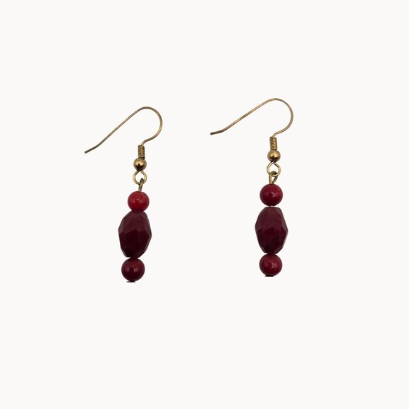 Women's Gold-Toned Hook Red Beaded Glass Stones Dangle Drop Earrings - Picture 1 of 4
